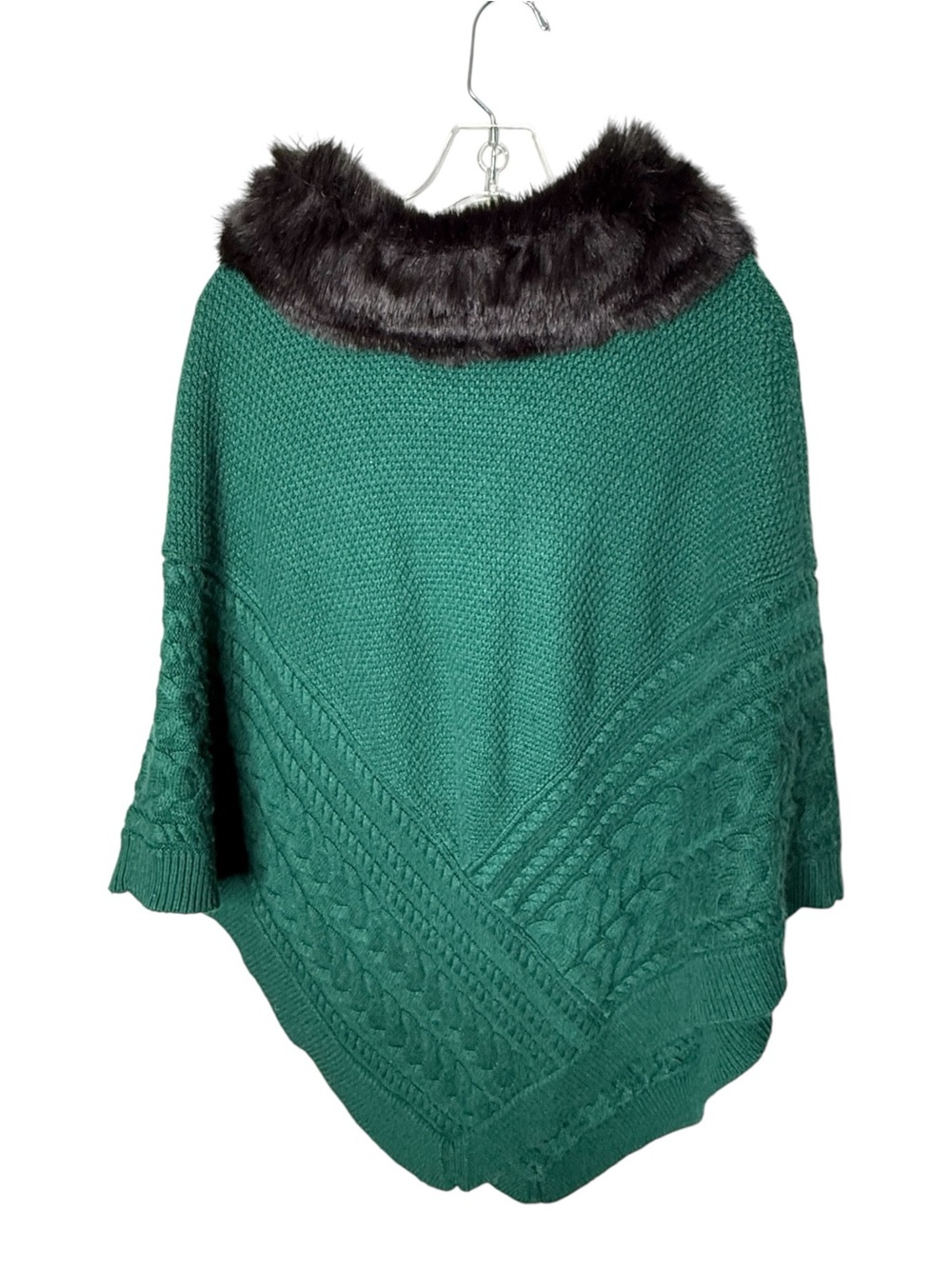 Talbots Green Medium Faux Fur Trim Cable Knit Poncho